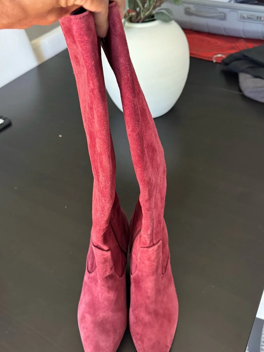 L'AGENCE Burgundy Suede Over-the-Knee Pointed Toe Boot
